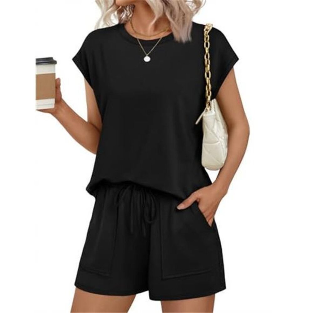 Two Piece Sets for Women Summer Crew Neck Lounge Short Sets Cap Sleeve